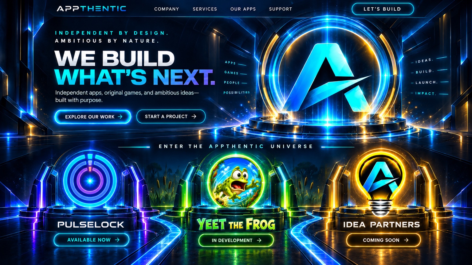 Appthentic. Independent by design. We build what’s next. Explore PulseLock, Yeet the Frog, and Appthentic Idea Partners.